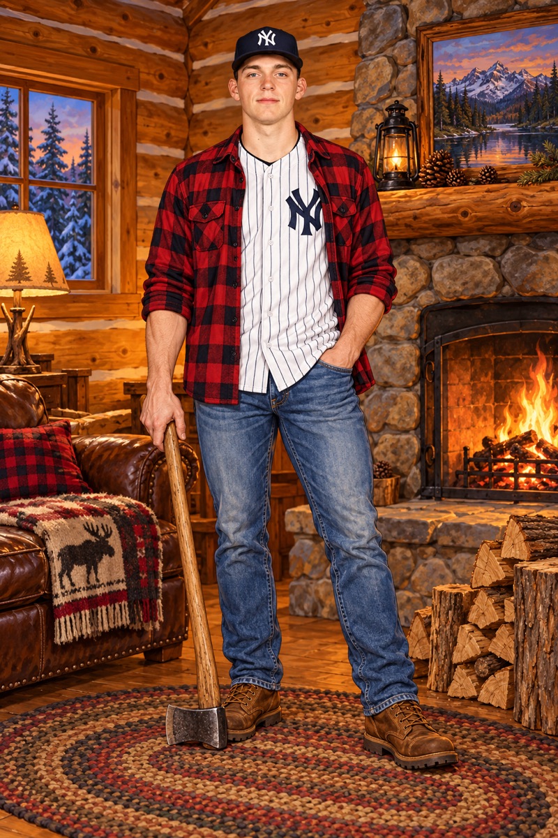 Illustration of Ben Rice inside the Yankees Log Cabin