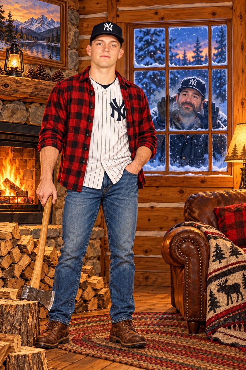 Illustration of Ben Rice in the Yankees Log Cabin, with Austin Wells outside the back window, looking in.