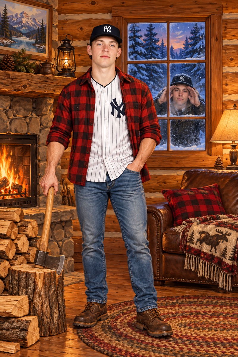 Illustration of Ben Rice in the Yankees Log Cabin, with Cam Schlittler outside the back window, looking in.