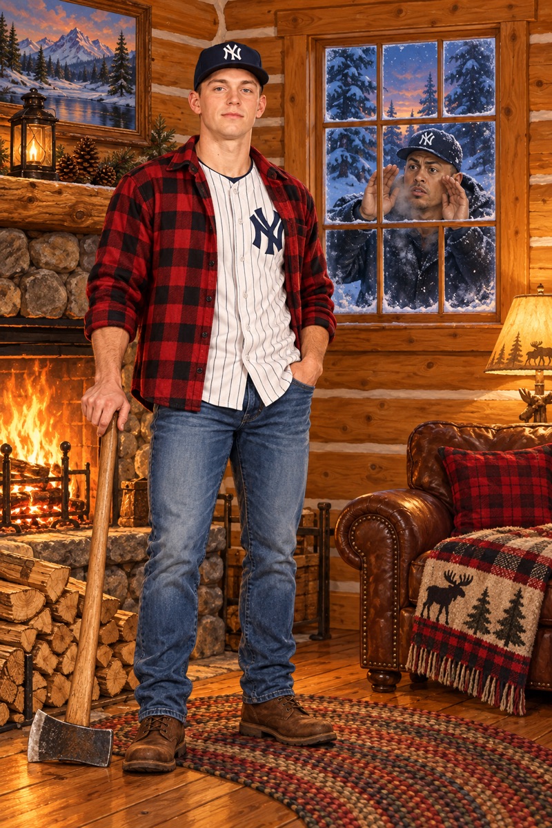 Illustration of Ben Rice in the Yankees Log Cabin, with Giancarlo Stanton outside the back window, looking in.